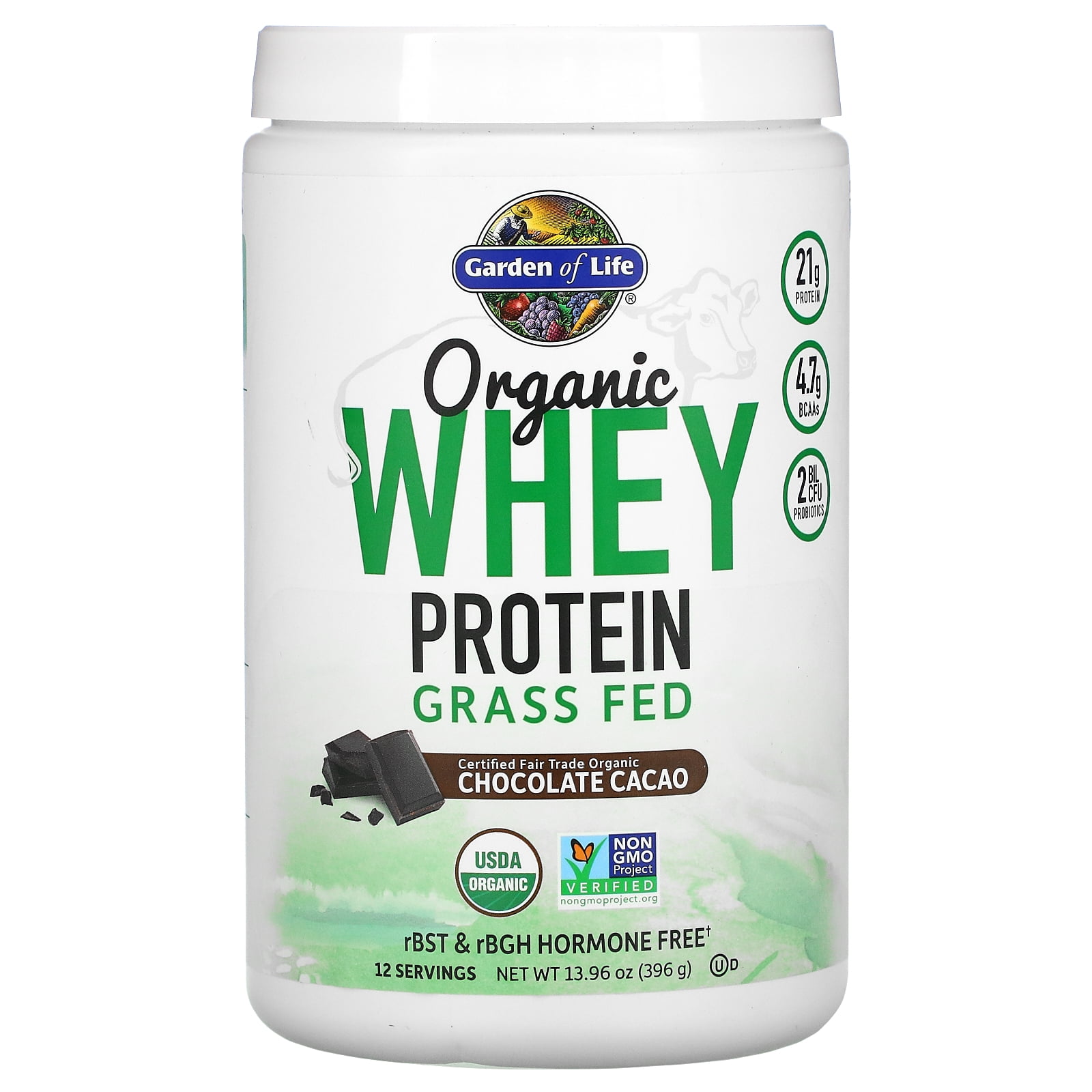 Organic Whey Protein, Grass-Fed, Chocolate Cacao, 13.96 oz (396 g), Garden of Life