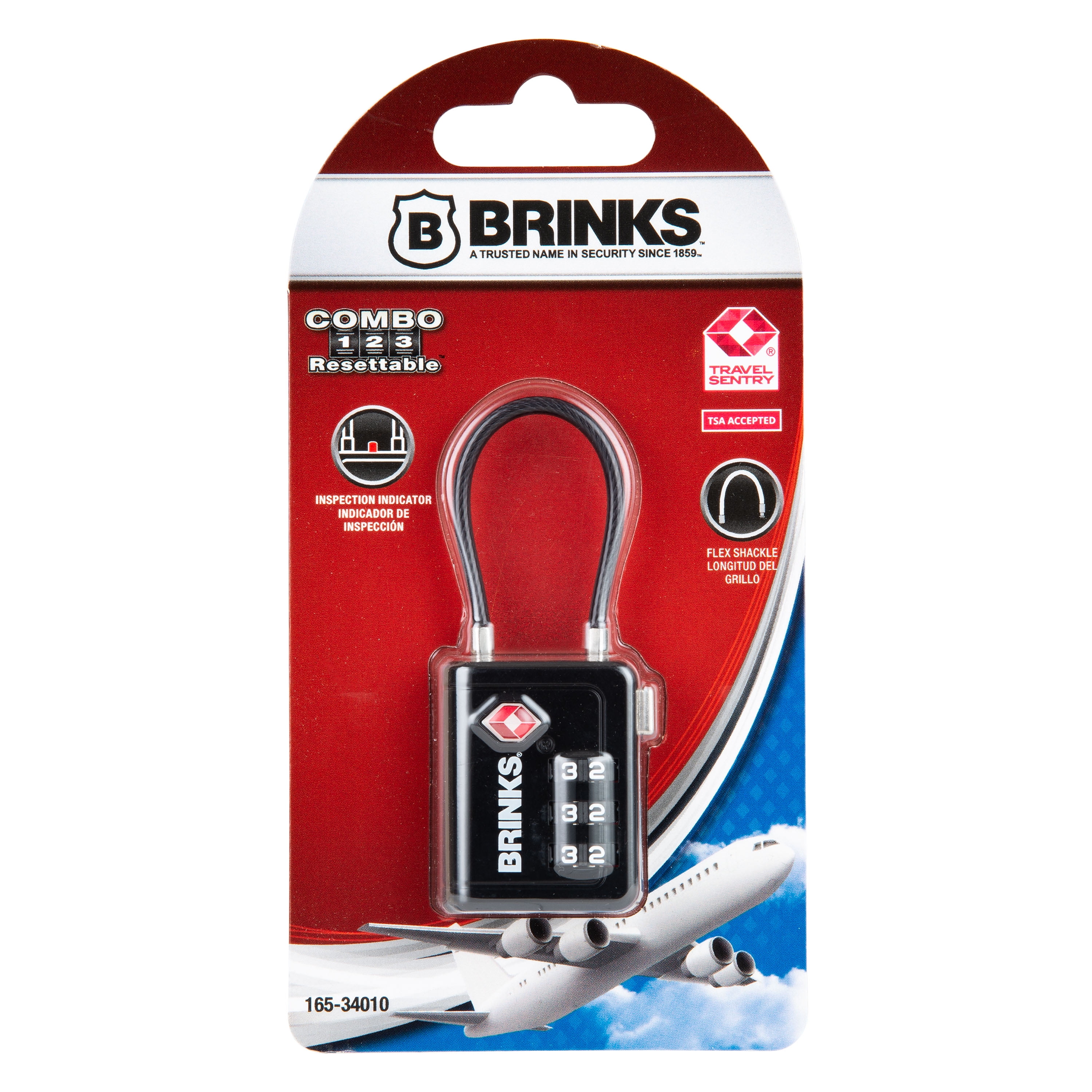 (4 pack) Brinks 34mm TSA Indicator Combination Padlock with Steel Cable Shackle, Black