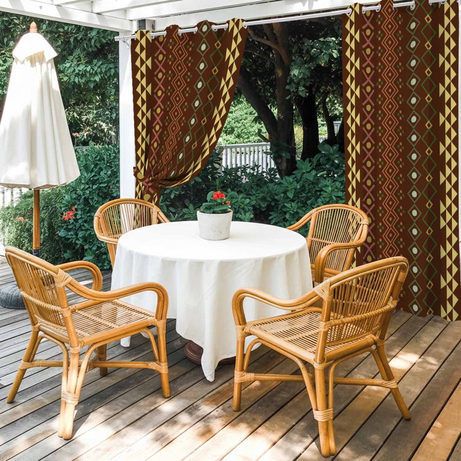 Ethnic Stripes Outdoor Curtains for Patio, Boho Dark Red Yellow Geometric Argyle Dots Sunshade Privacy Drapes Grommet Waterproof Outside Curtains for Porch/Cabana/Balcony 54"x 108", 1 Panel
