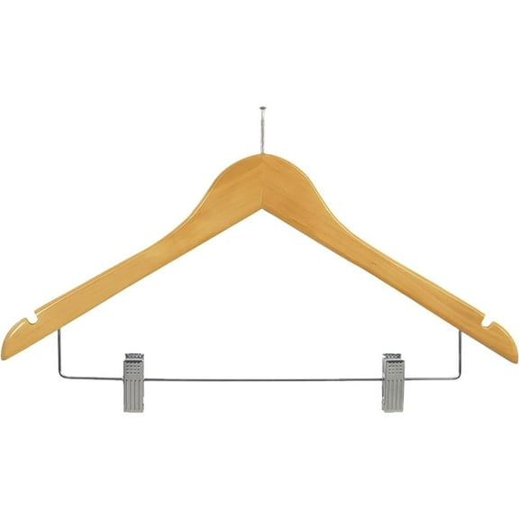Wooden Combo Hanger with Anti-Theft P-Nail, Natural Finish with Chrome Hardware, Box of 50