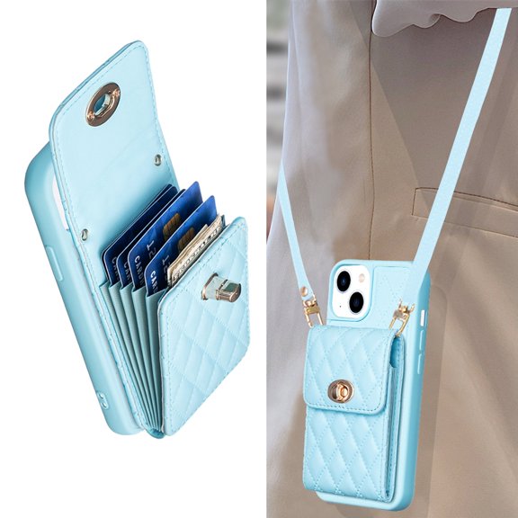 Dteck Wallet Case for iPhone 15 Plus, Cute Luxury Bag Design, Elegant Purse Flip Card Pouch Cover Soft PU Leather Case with Shoulder Strap,Blue
