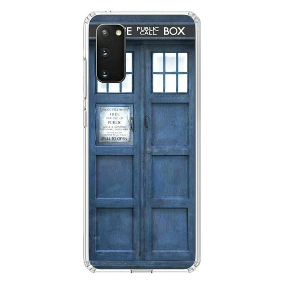 DistinctInk Clear Shockproof Hybrid Case for Galaxy S20 PLUS / 5G (6.7" Screen) - TPU Bumper, Acrylic Back, Tempered Glass Screen Protector - TARDIS Call Box Photograph