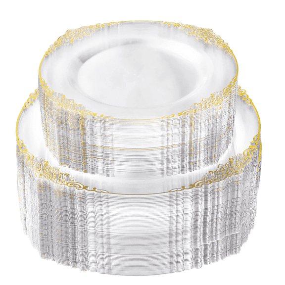 Goodluck 100PCS Vintage Clear Gold Rim Plastic Plates, Fancy Disposable Dinnerware Set with 50 10.25" Dinner Plates and 50 7.5" Dessert Plates for Wedding, Party, Holiday, Thanksgiving