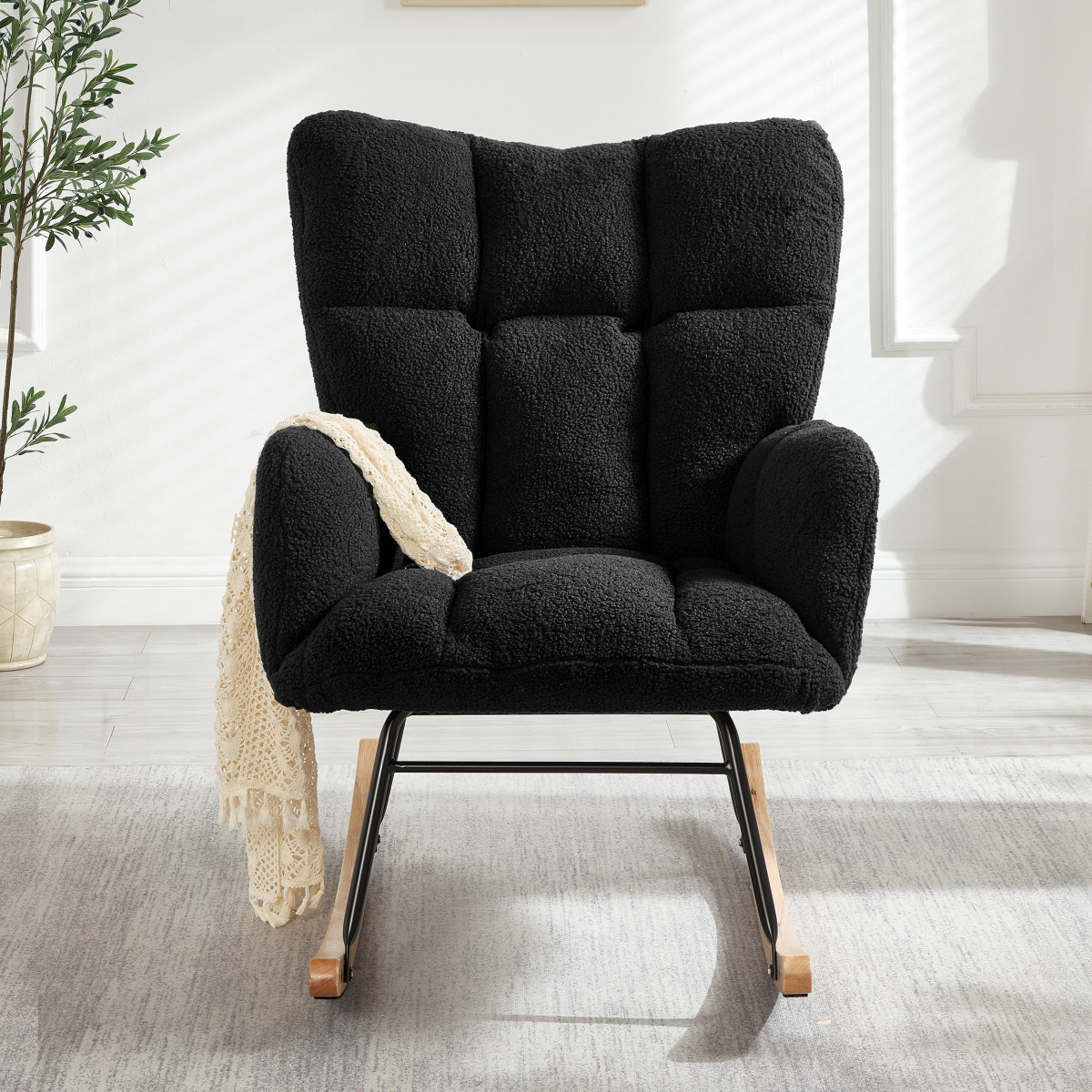 Glider Rocking Chair for Living Room, Tufted Upholstered Accent Chair with Teddy Fabric and Metal Frame, High Back Armchair for Nursery, Bedroom, or Reading Corner