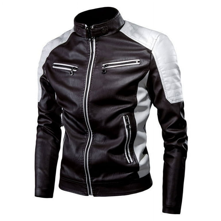 AWky Men's Leather Jacket with Standing Collar, Retro Warm