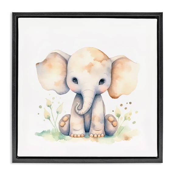 Stupell Industries Cottage Sitting Baby Elephant Black Floating Frame Canvas Art, 18 x 18, by Andrea Haase