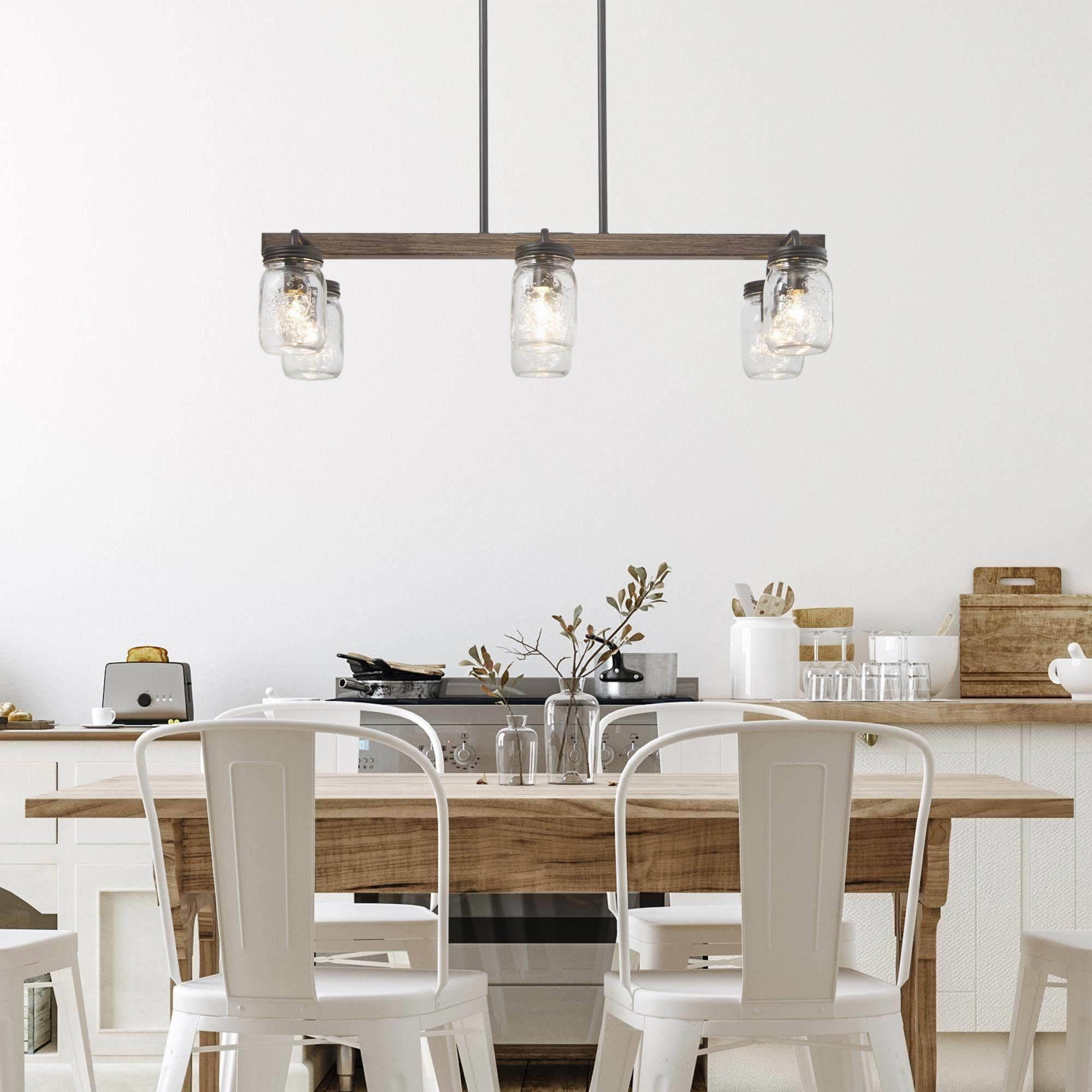 LNC 6-Light Farmhouse Matte Black and Bronze Wood Linear Maison Jar Glass Shape Chandelier for Dining Room