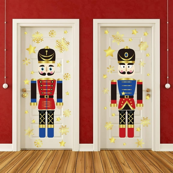 8 Sheets Christmas Door Stickers Decor Christmas Large Nutcracker Gold Snowflake Door Decals for Refrigerator Wall Window Front Porch Doors Decoration Supplies