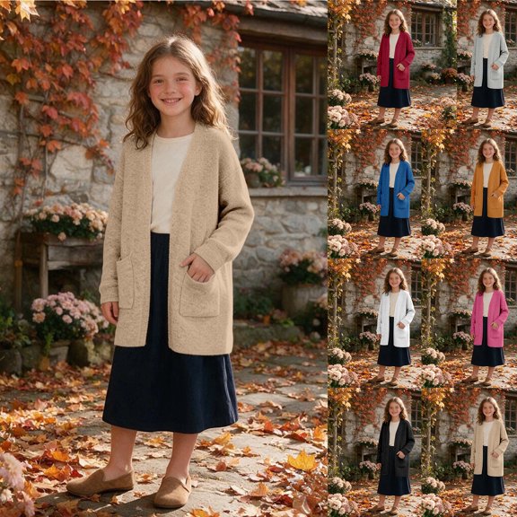 FASHOFT Girls Long Cardigan Open Front Sweaters With Pockets Knee Length Fall Outerwear Soft Lightweight Layer Casual School Clothing 5-6 Years