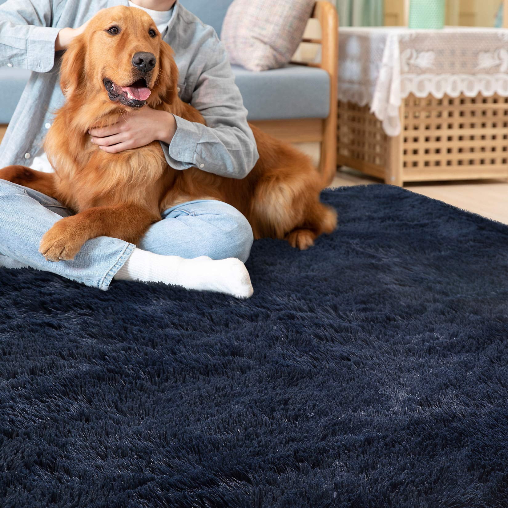 ZACOO 5' x 8' Fluffy Shaggy Soft Area Rug for Living Room Dorm Home Decor Aesthetic, Dark Blue