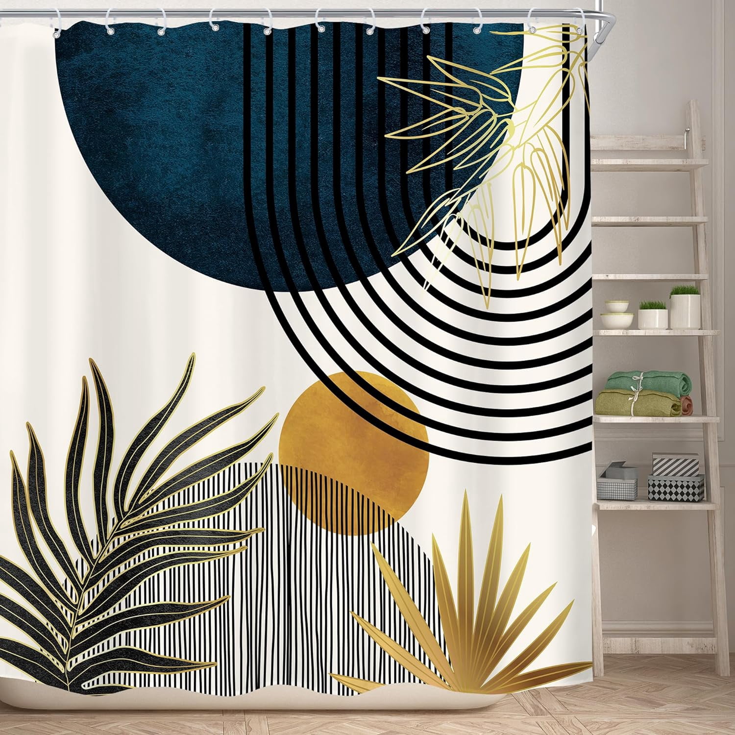 Blue Mid Century Boho Shower Curtain for Bathroom Decor 72Wx72H Inches Abstract Modern Sun Minimalist Aesthetic Arch Curve Leaves Geometric Neutral Fabric Waterproof Polyester 12 Pack Hooks