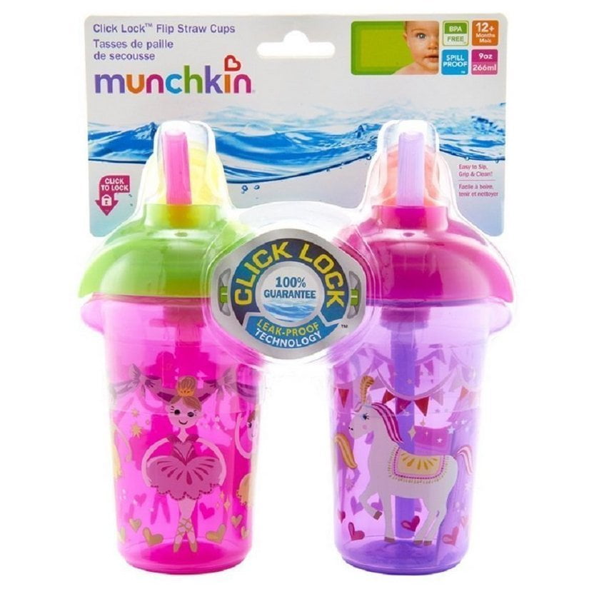 Munchkin Click Lock 9oz Decorated Flip Straw Cup 2pk Assorted
