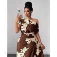 thumbnail image 2 of Coffee Brown Plus Size Green Floral Print One Shoulder Cinched Waist, 2 of 7