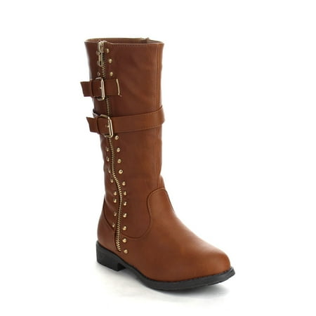 09 Boots - PUZZLE ANA-09 Children Girl's Comfort Mid Calf Studed Side Zipper Strap Boots