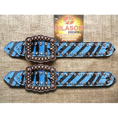 HILASON WESTERN TURQUOISE ZEBRA HAIR ON LEATHER SPUR STRAPS ADULT COPPER BUCKLE