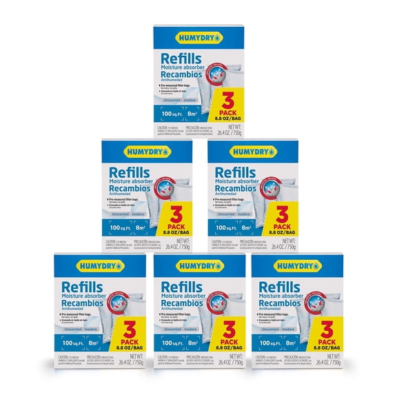 HUMYDRY Moisture Absorbers Refills for 8.8 Oz Dehumidifier, 18 Count, 6 Packs of 3 Humidity Absorber Bags, Pre Measured Non Electric Refill Bags for Closets Bathroom and Small Enclosed Spaces