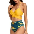thumbnail image 4 of SWSMCLT Women's High Waisted Bikini Set Halter Cross Criss Wrap Tie Back Swimsuit Push Up Tummy Control Swimwear Floral Print Ruched 2 Piece Bathing Suit Yellow 4-6, 4 of 5