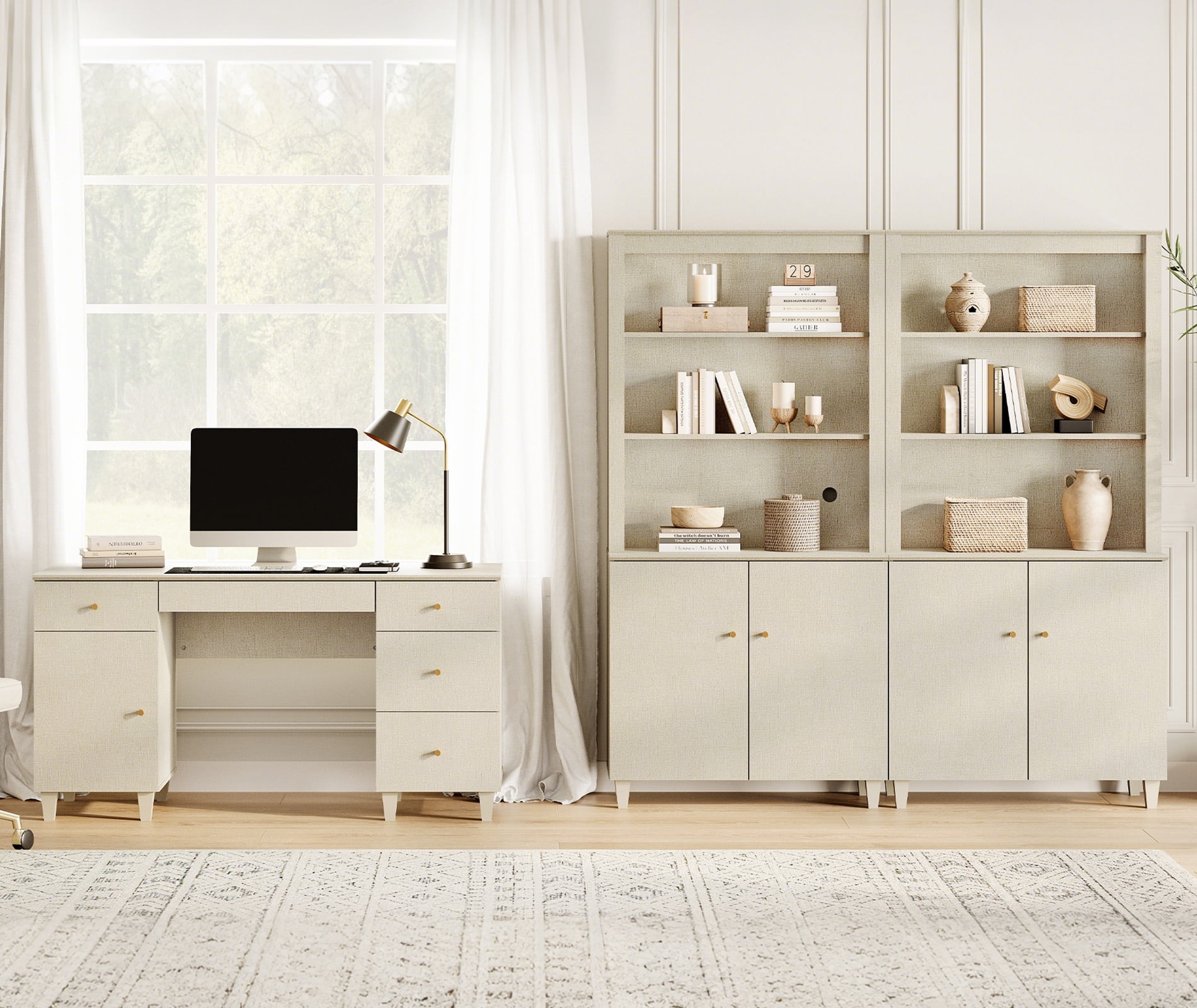 WAMPAT Home Office Furniture Set, 58" Executive Desk with Charging Station and Cabinet, 2-Column 71" Tall Bookcase with Doors and Adjustable Shelves for Living Room,Beige Linen Printed