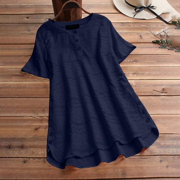 ITSAME Womens Plus Size Blouse, Short Sleeve Pleated Hem Bohemian Elegant Cotton Shirt Navy 3XL