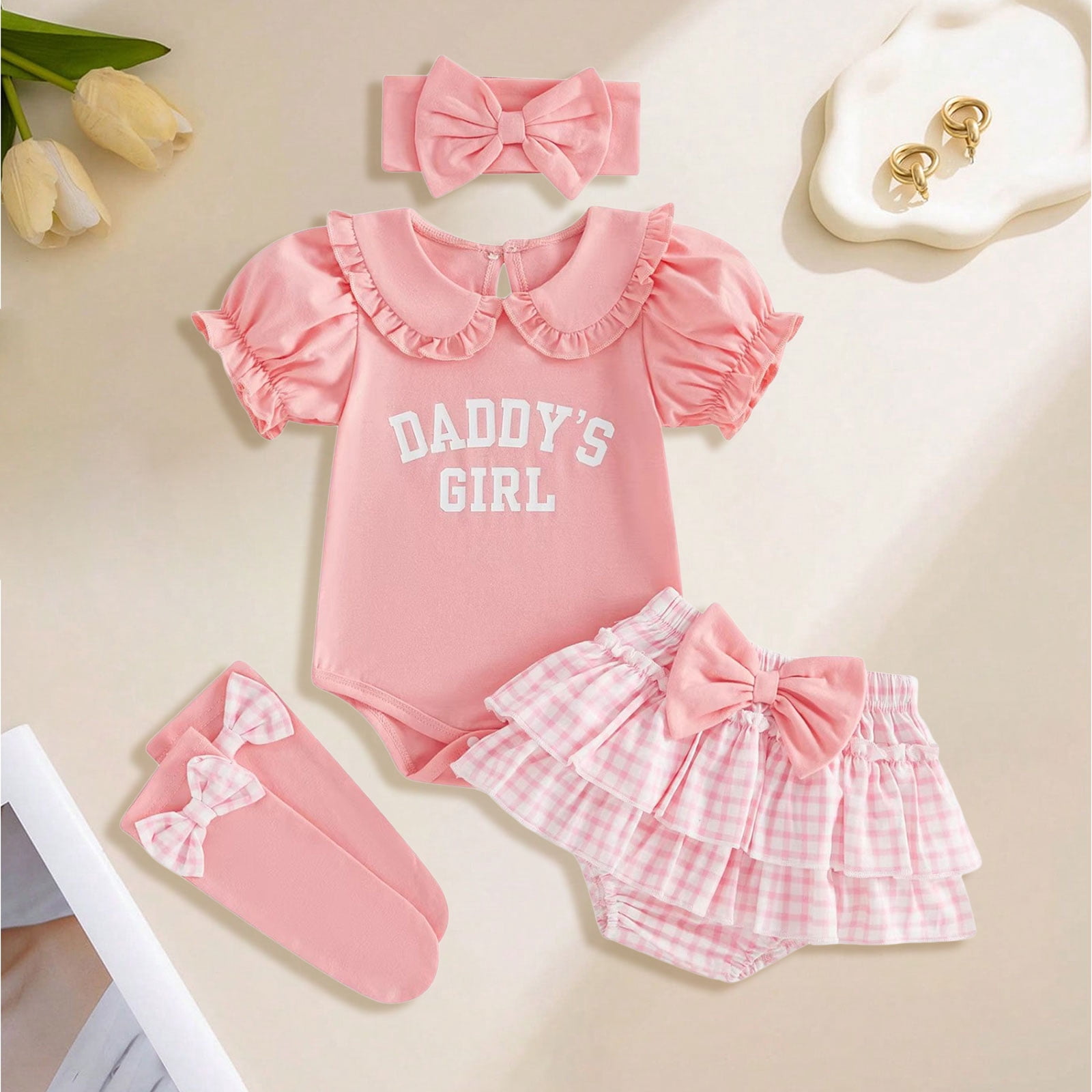 UngA Newborn Baby Girls Clothes Summer Daddys Girl Outfit Romper+Bloomers Tutu Skirt+Socks+Headband 4Pcs Infant Girl Outfits 6-9 Months,Red
