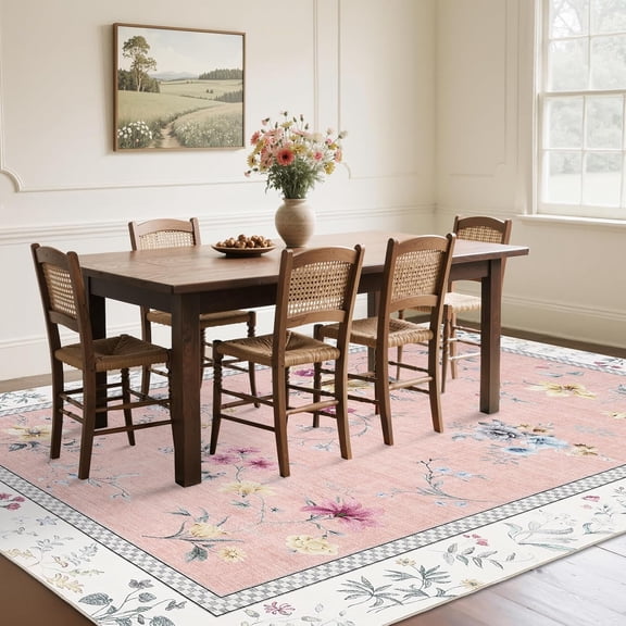 8x10 Area Rug Living Room Washable Non Slip Low Pile Modern Floral Pink