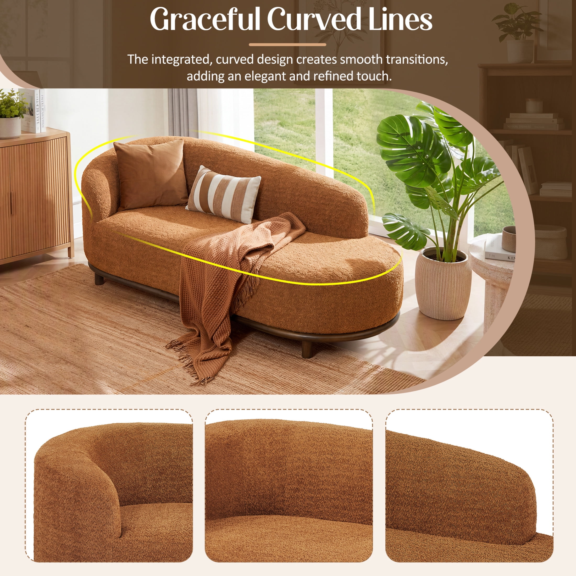 Christopher Knight Home Modern Boucle Chaise Lounge Sofa with 3 Seats, Solid Wood Frame, Orange