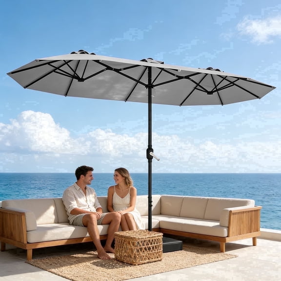 HaiNova 15Ft Large Outdoor Double-Sided Rectangle Umbrella with Base-Mounted, Foldable And Portable Sunshade For Pool, Beaches And Patio, Gray
