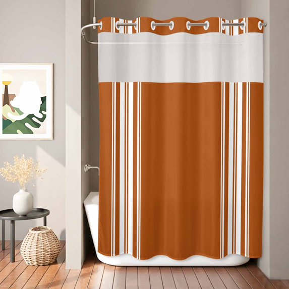 No Hook Shower Curtain, Vintage Orange Striped Shower Curtains for Bathroom with See Through Top Window, Farmhouse White Stripes Aesthetics Waterproof & Washable Bath Curtain Extra Long 72"x84"