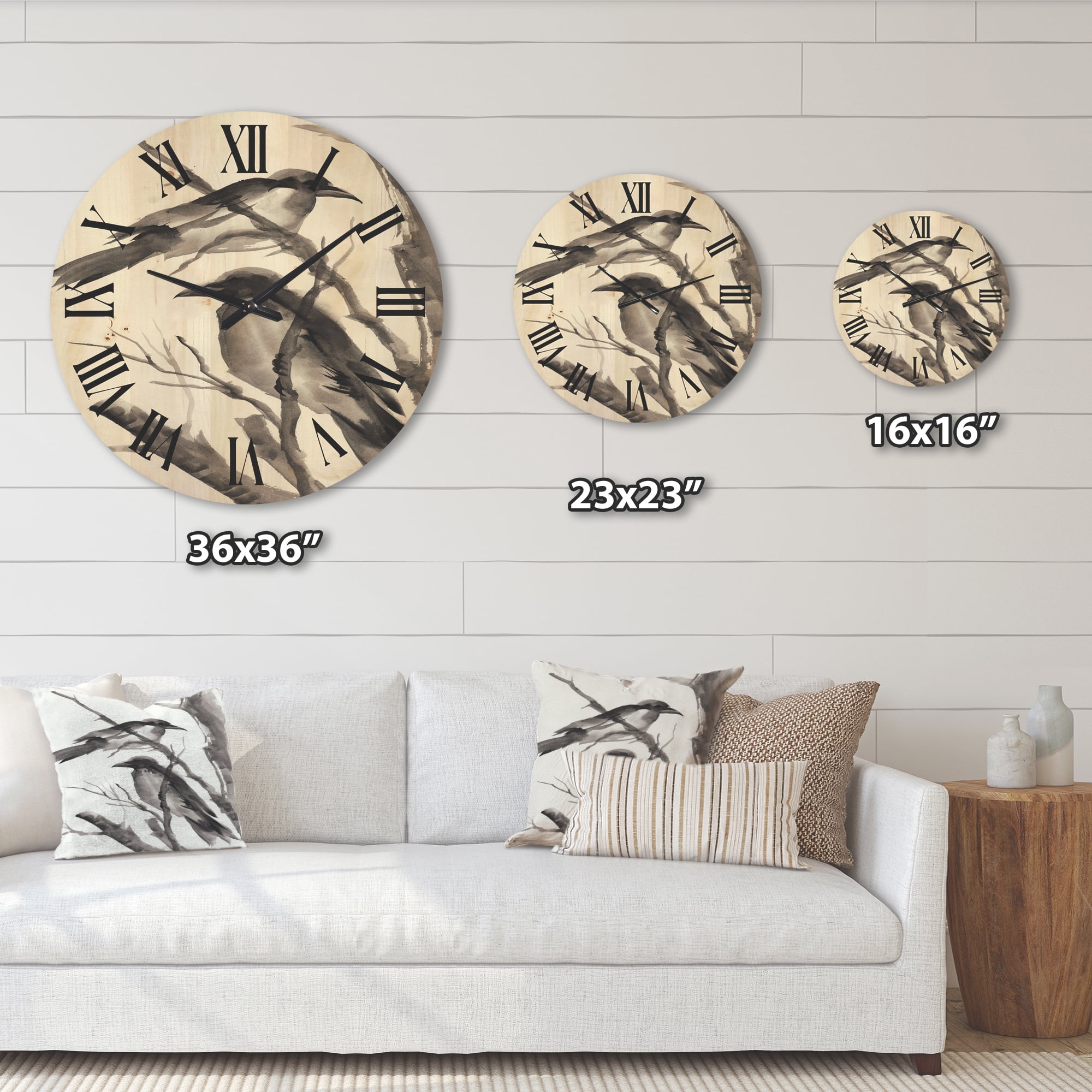 Designart 'Vintage Black and White Sleeping Crows' Traditional Wood Wall Clock