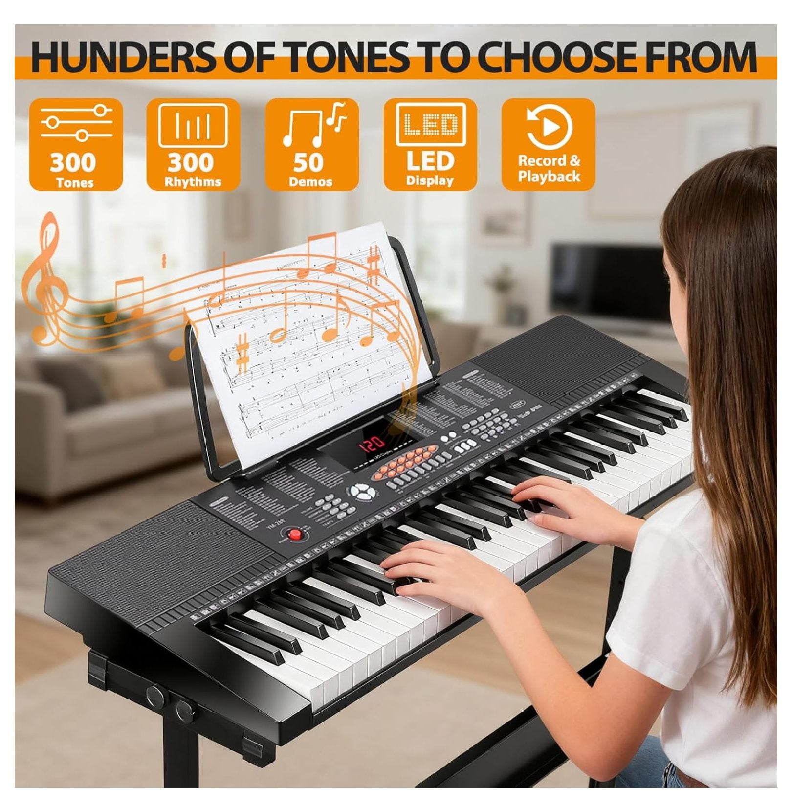 SONGMY 61-Key Portable Electric Keyboard Piano - Complete Set with Stand, Stool, Headphones & Microphone, LED Screen for Beginners & Kids