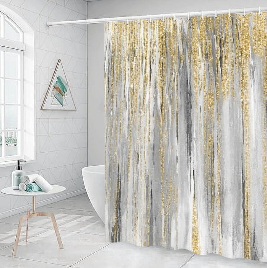 Abstract Shower Curtain, Modern Aesthetic Stripe Shower Curtain Sets With 12 Hooks For Bathtub Bathroom Gray Yellow Contemporary Abstract Painting Fabric