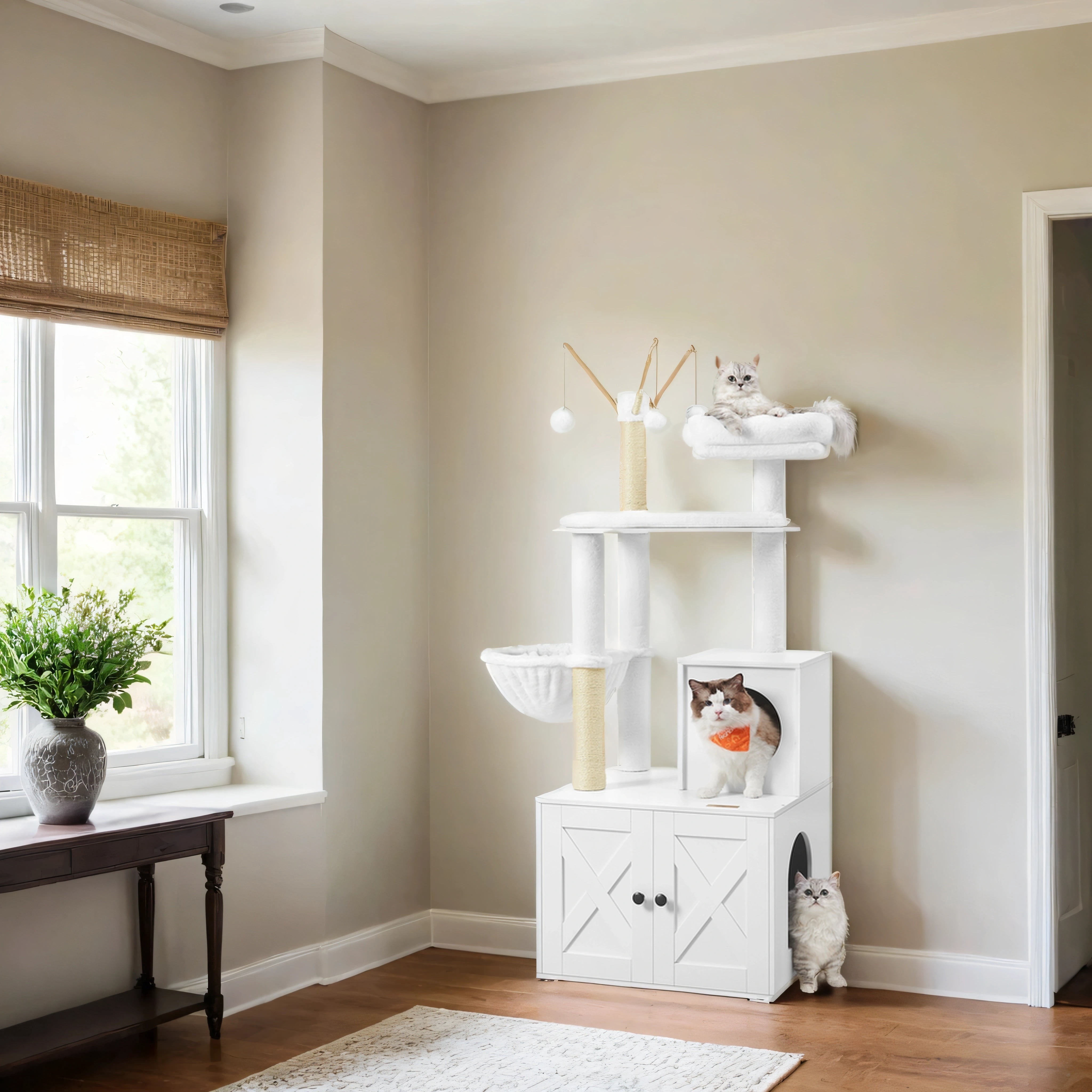LEDREM 55.1" 2-in-1 Modern Cat Tree & Litter Box Enclosure, Multi-Level Cat Condo with Scratching Posts, Hidden Storage, Cloud White