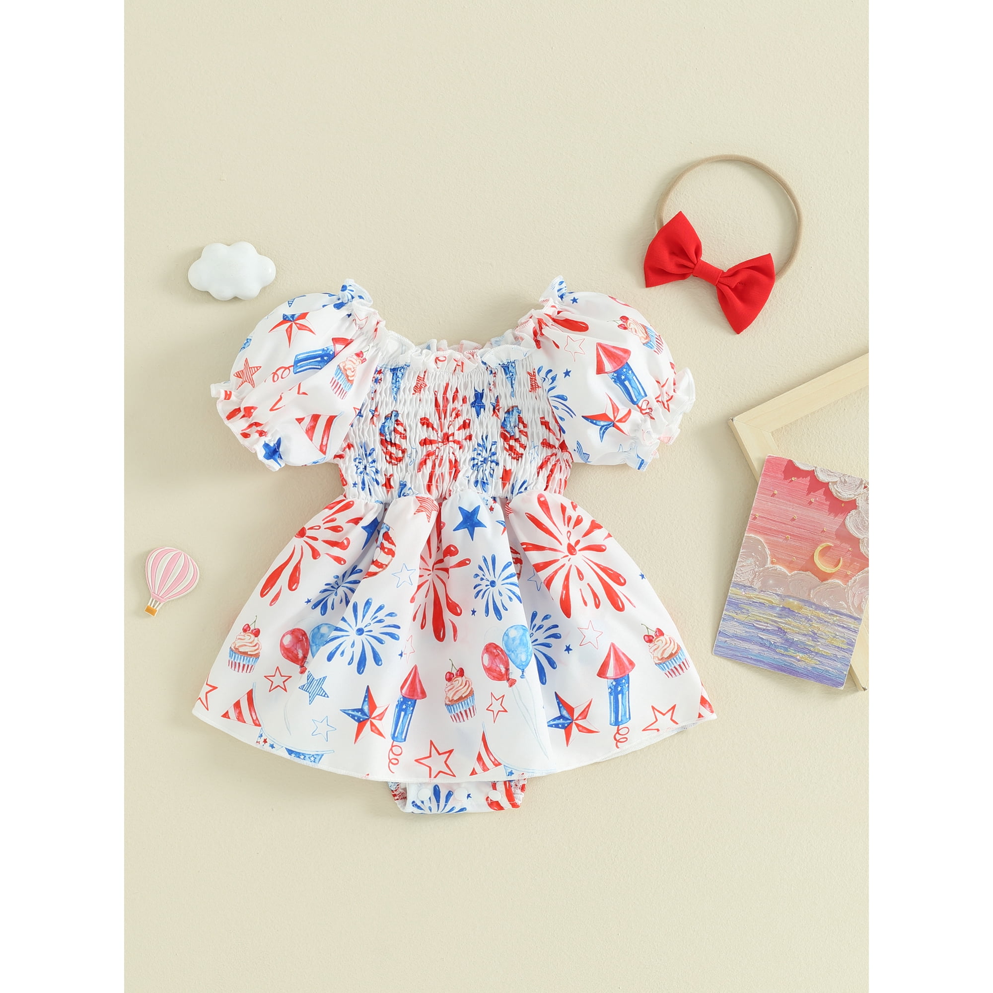 Boiiwant Baby Girls 4th of July Clothes Puff Sleeve Star Balloon Print Romper Dress Headband Infant Newborn Summer Independence Day Party Outfit Walmart
