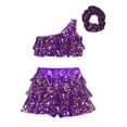 thumbnail image 2 of TiaoBug Kids Girls Sequins Dance Outfits Single Shoulder Crop Top Metallic Layered Skirt with Headwear set Purple 16, 2 of 7