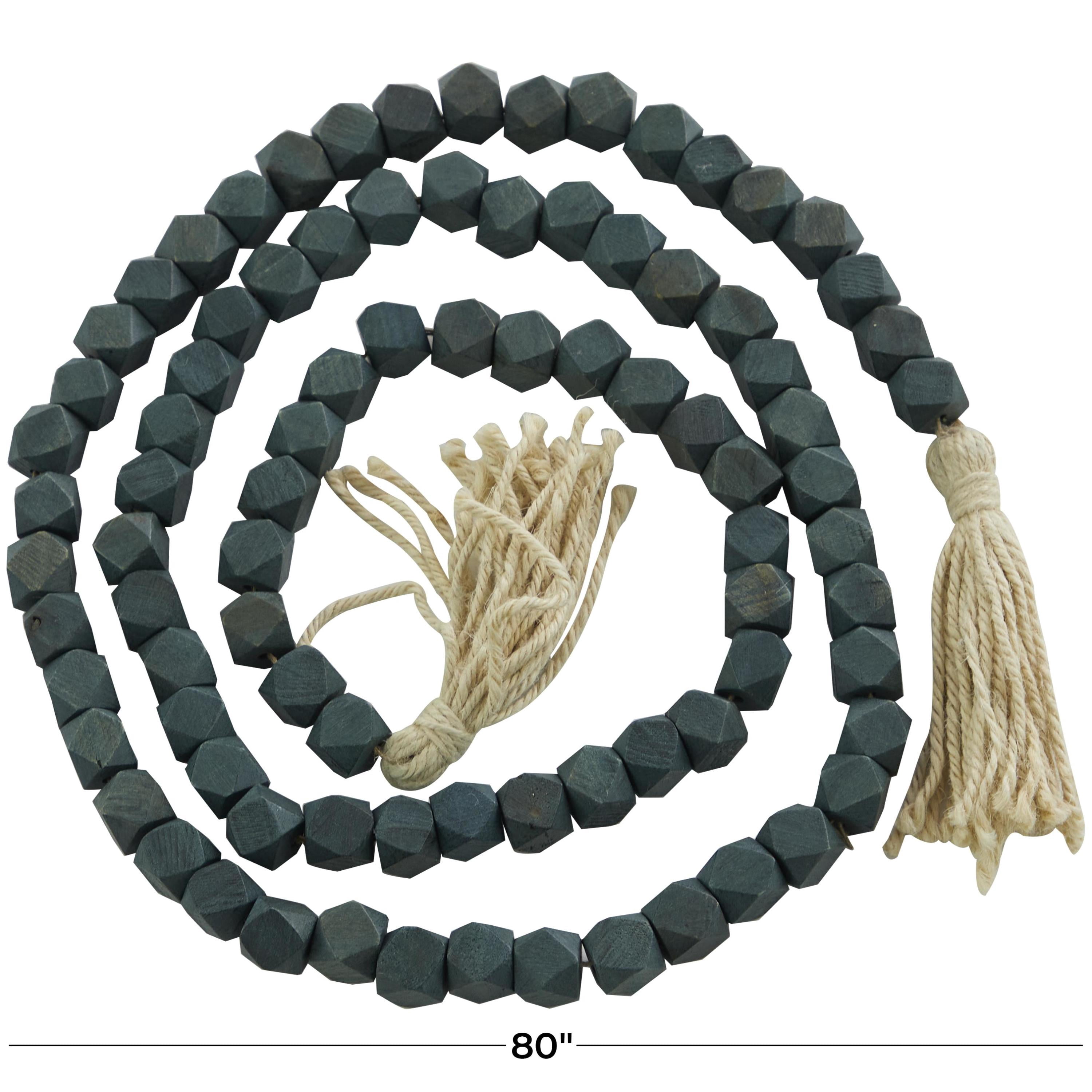 DecMode Green Wood Bohemian Garland Décor with Geometric Bead Details and Cream Cotton Tassel, 82"L