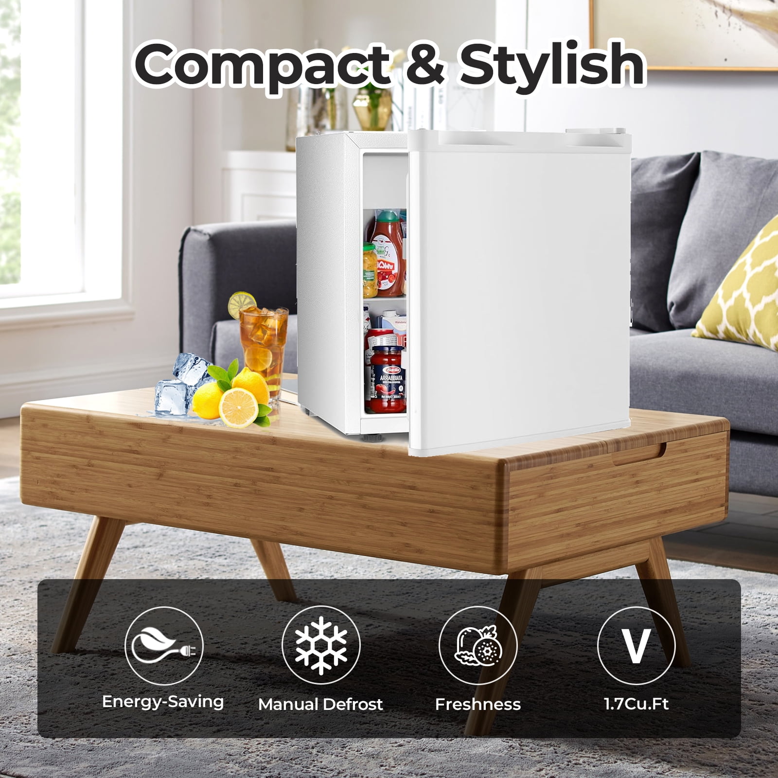 WAA 1.6 cu.ft Small Upright Mini Fridge with Freezer - Removable Shelves,7-Level Adjustable Thermostat,Low Noise,Suitable for Bedroom/Apartment/Office(White)