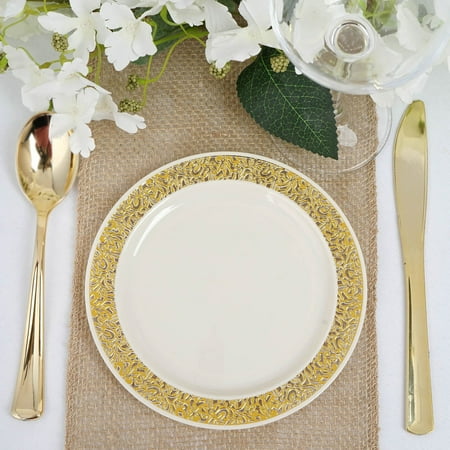 

Efavormart 50 Pack - 6 Ivory Plastic Disposable Salad Dessert Appetizer Plates Round With Gold Lace Design Rim