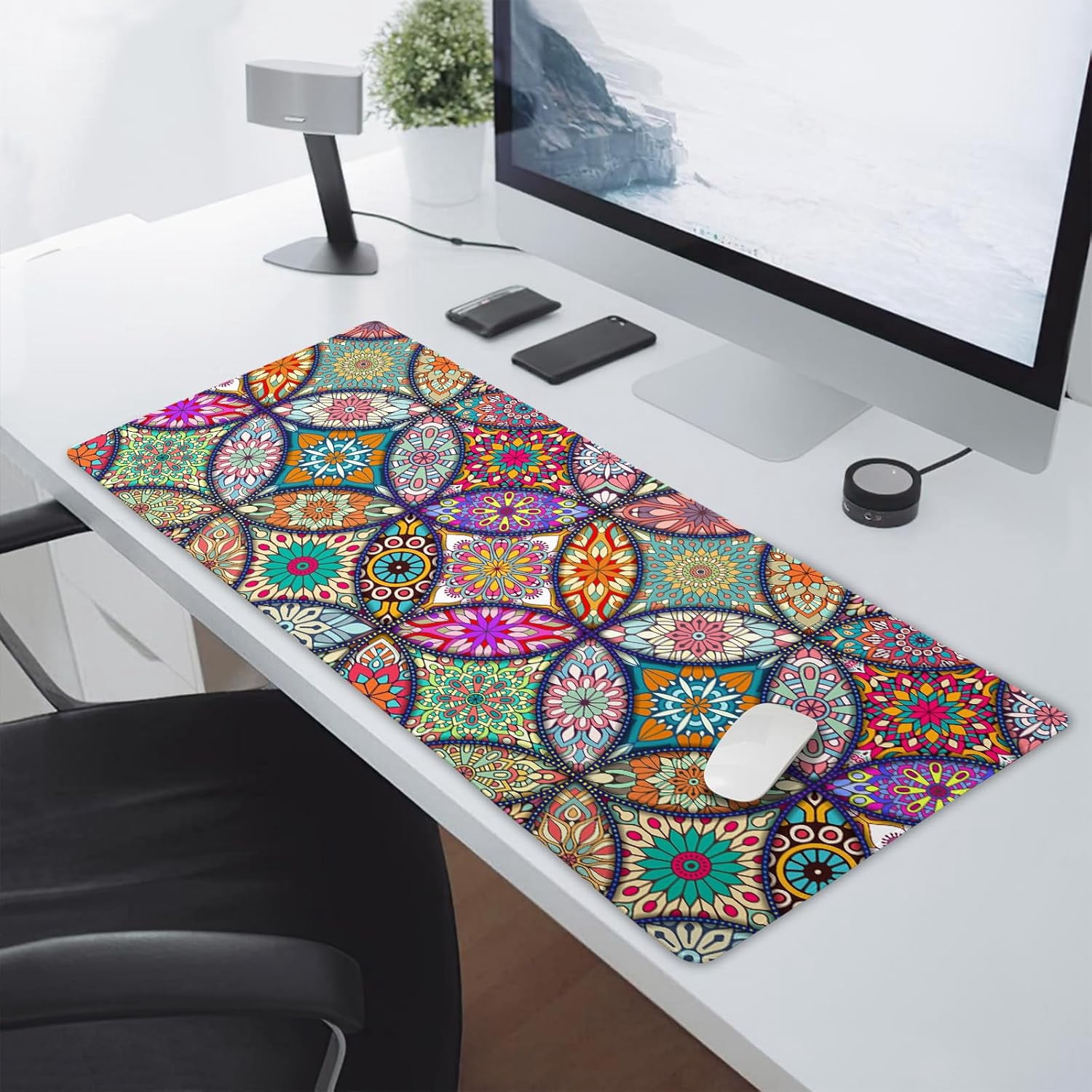 Colorful Mandala Gaming Mouse Pad XXL Pretty Boho Bohemian Extended Big Large Desk Mat Non-Slip Rubber Base Stitched Edge Long Keyboard Mousepad for PC Computer Laptop,35.4×15.7 in