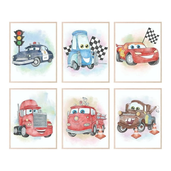 Cars Room Canvas Decor - Lightning McQueen Room Decor, Cars Poster, Cars Bedroom Decor, Pixar Cars Room Decor, Lightning McQueen Poster, Cars Movie - 6 Pack (8x10”) Unframed