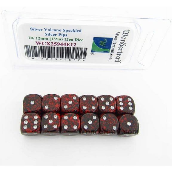 Silver Volcano Speckled Dice with Silver Pips D6 12mm (1/2in) Pack of 12 Wondertrail