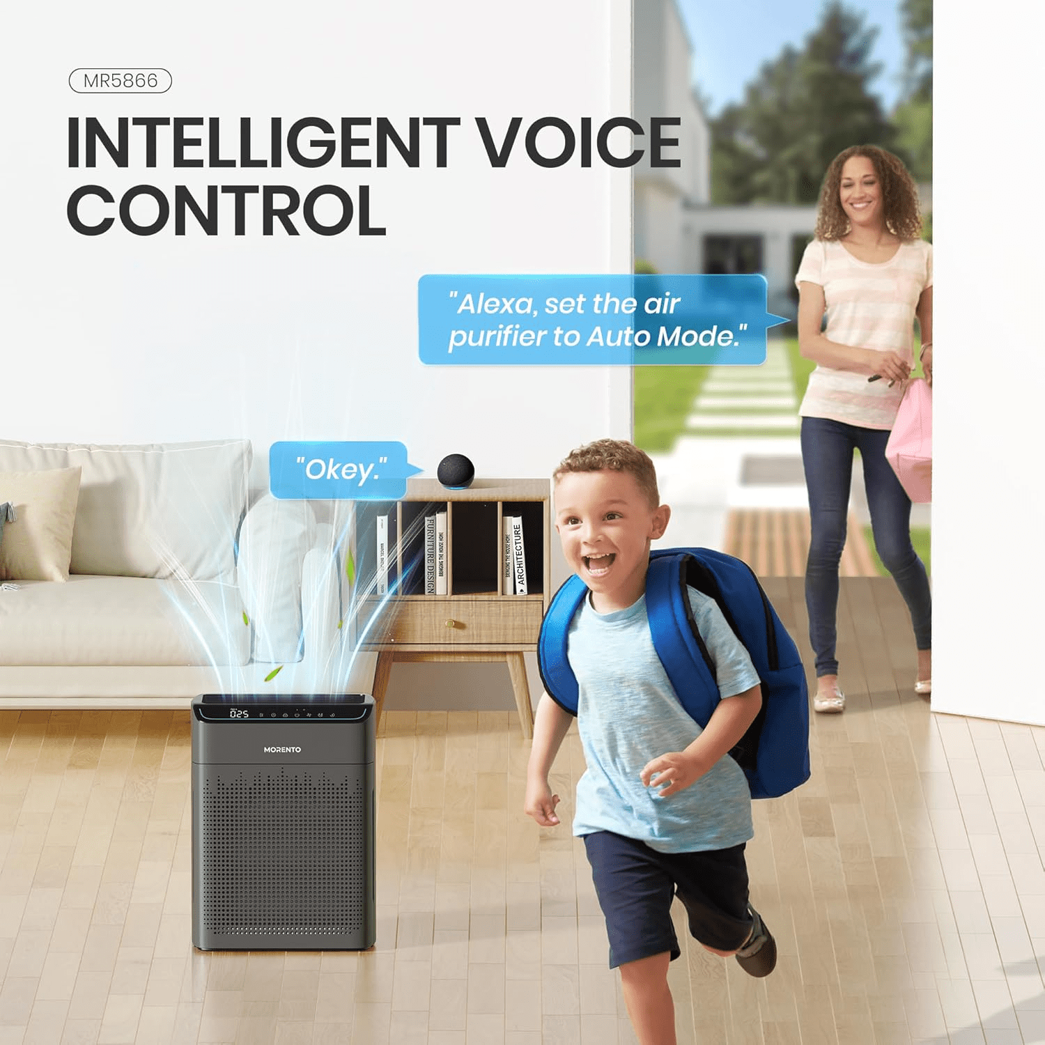 MORENTO Smart Air Purifier for Home Bedroom Large Room Up to 1290 Sqft, Wi-Fi and Alexa compatible, Double-sided HEPA Filter Air Cleaner for Smoke, Dust, Pollen, Pet Hair, Odor, Grey
