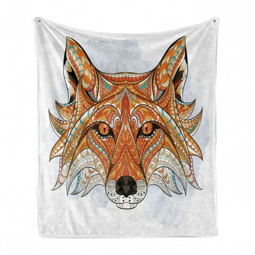 Tribal Soft Flannel Fleece Throw Blanket, Geometric Fox Portrait with Oriental Ornaments Totem Animal Fauna Design Print, Cozy Plush for Indoor and Outdoor Use, 70" x 90", Orange Amber, by Ambesonne