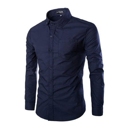 Men Contrast Color Long Sleeves Button Down Shirt w Pocket Blue L ...