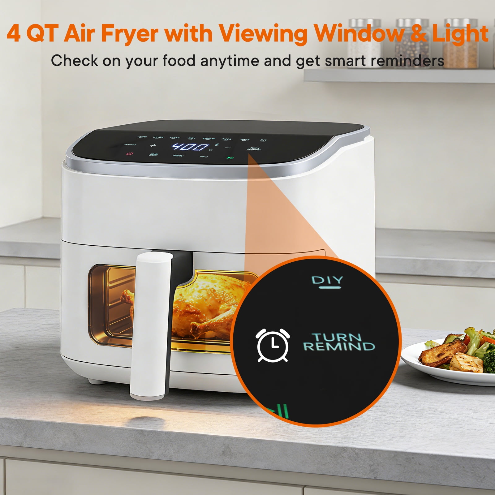 JIOABL 4 Qt Compact Air Fryer, 4-in-1 Air Fry Bake Roast Reheat, Dishwasher-Safe, White