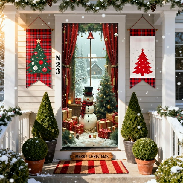 Cubierta de puerta navideña con muñeco de nieve, 35 x 71 pulgadas, tela para colgar en la puerta principal, cortina roja con diseño de muñeco de nieve y árbol, pancarta, escena de nieve invernal, fond