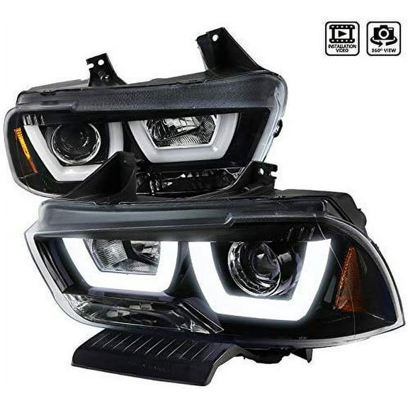 DRL LED Light Bar Strip Projector Headlight Head Lamp Replacement in Gloss Black Housing Clear Lens Made For And Compatible With 2011 - 2014 Dodge Charger 11 12 13 14