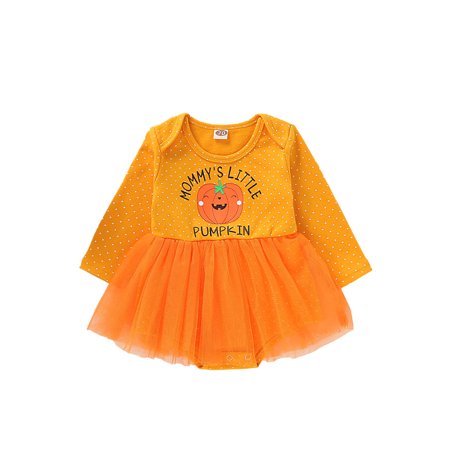 

jsaierl Toddler Baby Girls Cute Dresses Princess Pumpkin Graphic Mesh Puffy Dress Long Sleeve A Line Orange Dress 3-18M