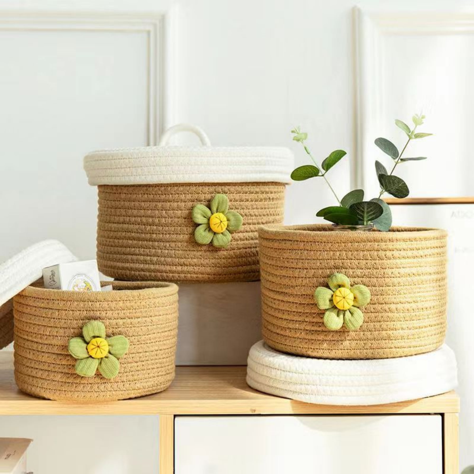 TENEBRALUX Handmade 3-Piece Large Covered Storage Baskets: Woven Fresh Style Organizer for Home Decor & Misc. Items