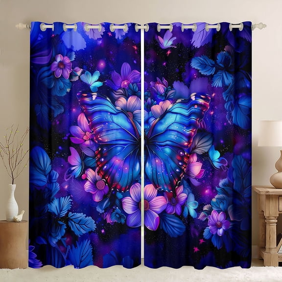 Manfei Female Men Blue Butterfly Black Out Curtains,Chic Floral Flowers Curtains Pack of 2 (42x63 Each),Abstract Gradient Bedroom Curtains,Microfiber Bedroom Decor