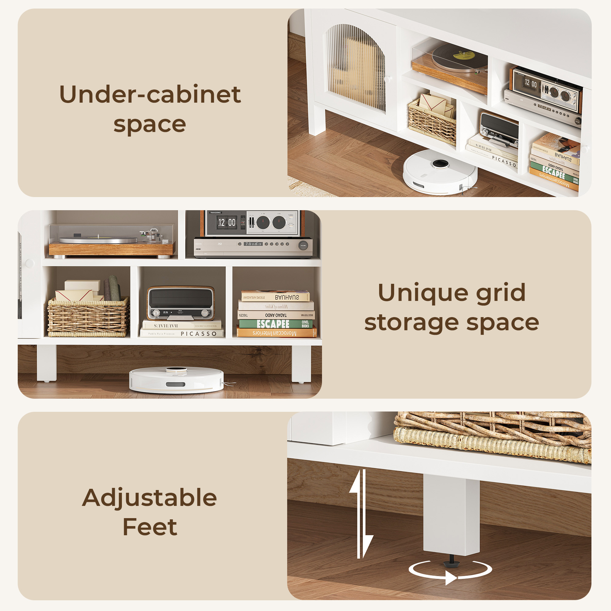 IRONCK LED TV Stand for TVs up to 65", Entertainment Center with Power Outlet and Storage Cabinet, 59-Inch